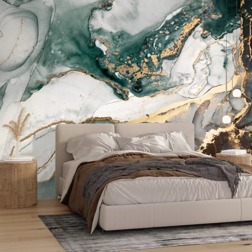 Fotobehang Abstract marmer met groene en gouden accenten