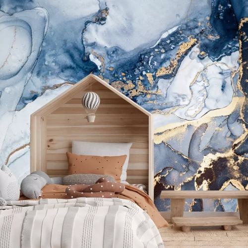 Fotobehang Blauwe marmercompositie met gouden aderen