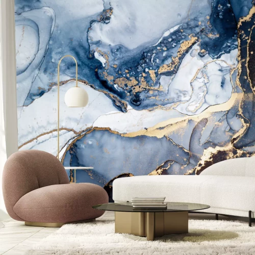 Fotobehang Blauwe marmercompositie met gouden aderen