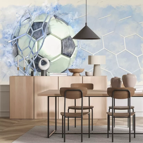 Fotobehang Voetbal in een net op een blauwe aquarelachtergrond