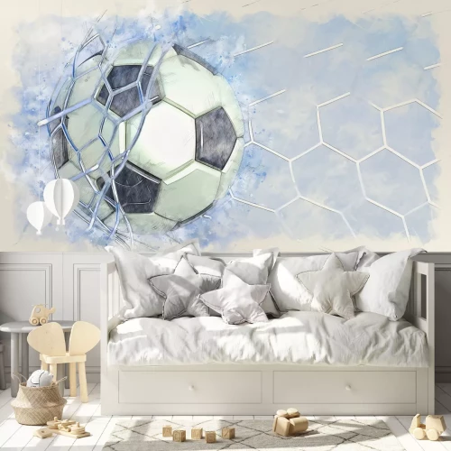 Fotobehang Voetbal in een net op een blauwe aquarelachtergrond