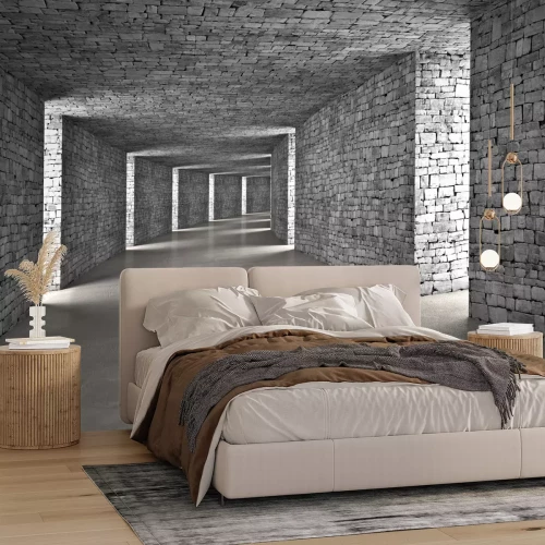 Fotobehang 3D grijze bakstenen tunnel