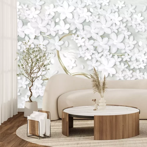 Fotobehang Witte bloemen op een boom met een 3D-effect