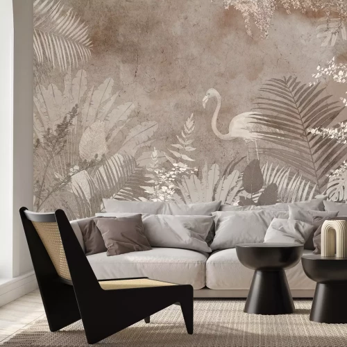 Fotobehang Een compositie met een flamingo tussen tropische vegetatie