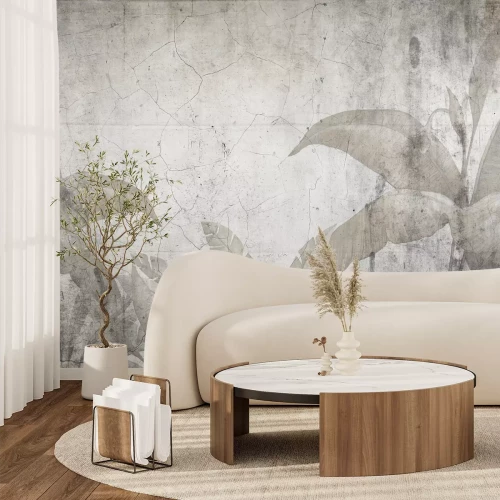 Fotobehang Tropische bladeren op een gebarsten oude muurcompositie