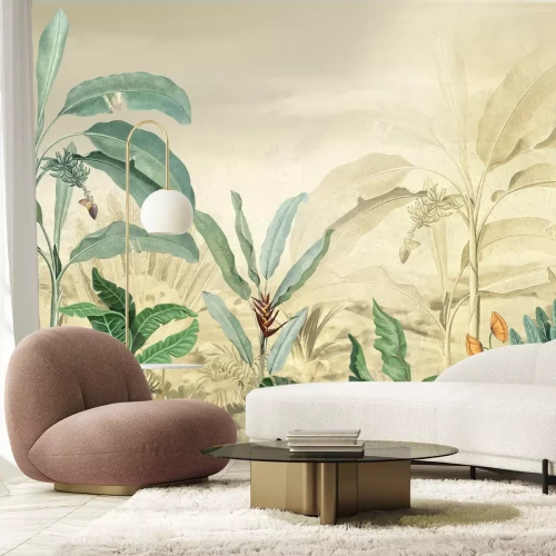 Fotobehang Tropische bomen en bladeren in een mistig bos