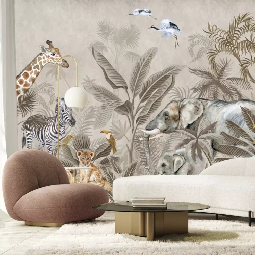 Fotobehang Safari-dieren in een tropische jungle tussen palmbomen