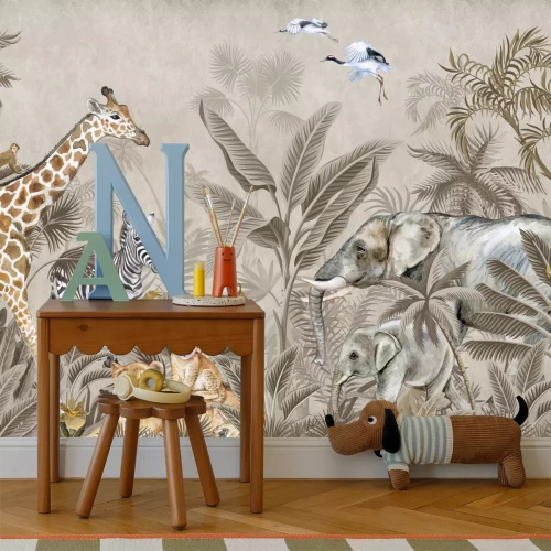 Fotobehang Safari-dieren in een tropische jungle tussen palmbomen