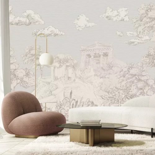 Fotobehang Romeinse architectuur tussen planten in schetsstijl