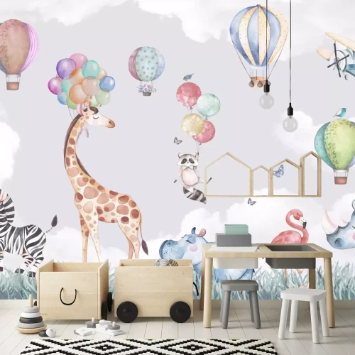 Fotobehang Ballondieren en vliegtuigpatroon in aquarelstijl