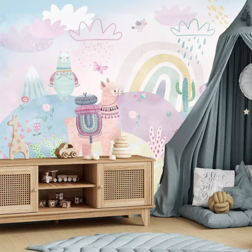 Fotobehang Lama's in een sprookjeswereld kleurrijk patroon voor kinderen