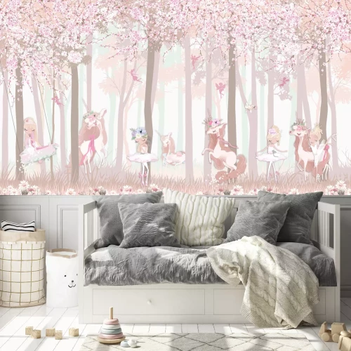 Fotobehang Prinsessen en eenhoorns in een sprookjesbos met bloemen