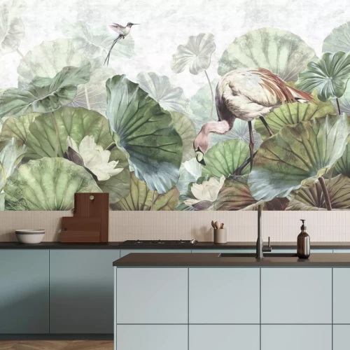 Fotobehang Exotische vogels en waterlelies in aquarelstijl