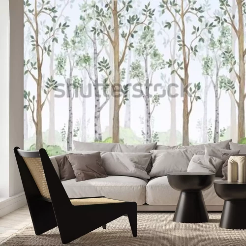 Fotobehang Bomen in het bos aquarel landschap