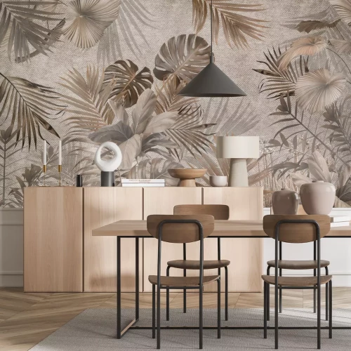 Fotobehang Tropische planten en bladerenpatroon in tinten bruin