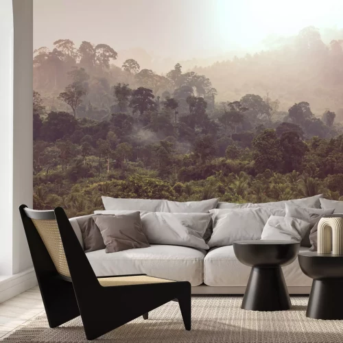 Fotobehang Tropisch boslandschap in de ochtendmist
