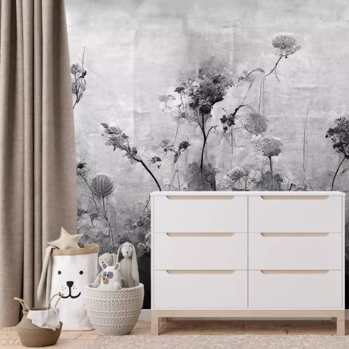 Fotobehang Wilde bloemen planten zwart-wit industrieel patroon