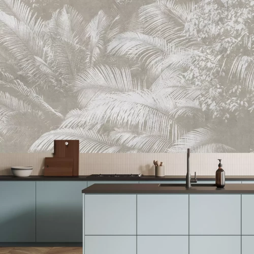 Fotobehang Heldere palmbladeren op een beige achtergrond