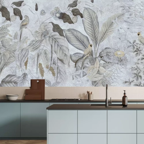 Fotobehang Vogels en tropische planten op een gestructureerde achtergrond, botanisch patroon