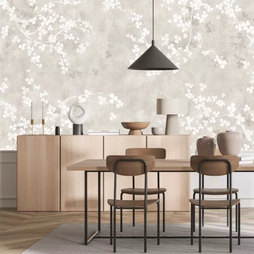 Fotobehang Boomtakken met witte bloemen op een beige achtergrond