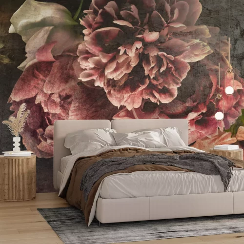 Fotobehang Romantische rode pioenrozen op een donkere achtergrond