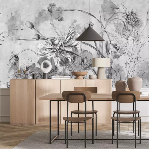 Fotobehang Wilde bloemen en klaprozen in grijze kleuren