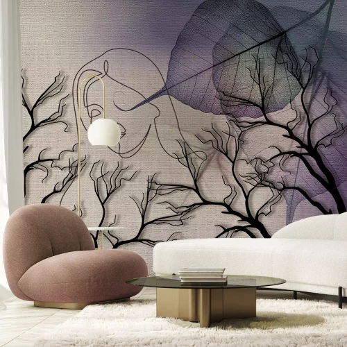 Fotobehang 3D-schets van een vrouw tussen boomtakken en bladeren