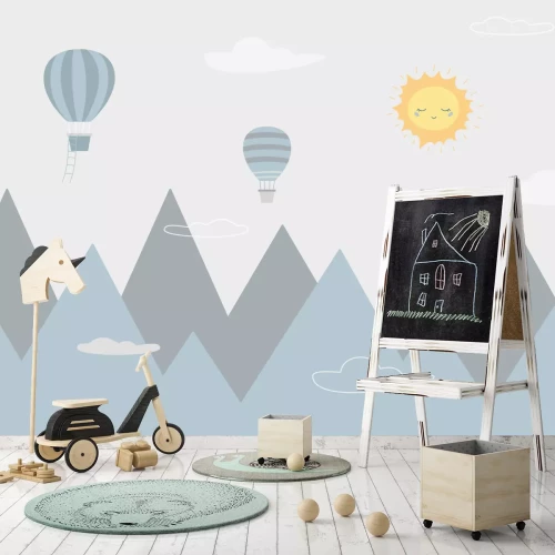 Fotobehang Zon en ballonnen boven een berglandschap