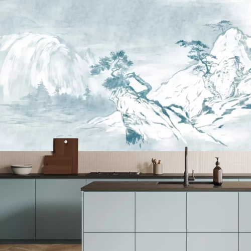 Fotobehang Chinees landschap met bomen op rotsen