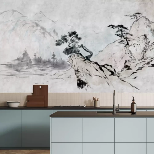 Fotobehang Chinees landschap met bomen en bergen