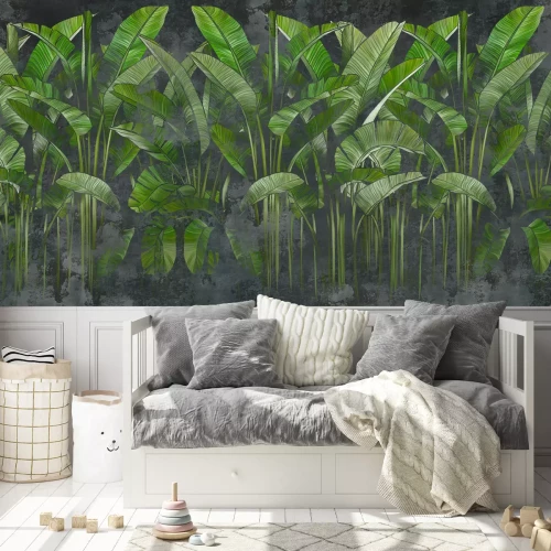 Fotobehang Groene tropische bananenbladeren op een gestructureerde achtergrond