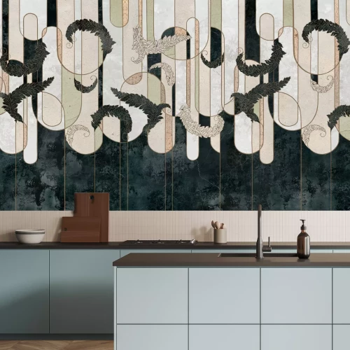 Fotobehang Bladeren op een geometrische textuurachtergrond