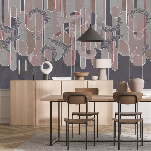 Fotobehang Bladeren en geometrische vormen op een betonnen achtergrond