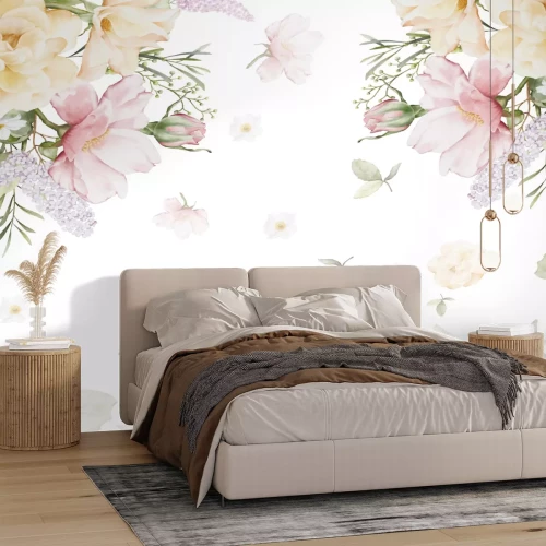 Fotobehang Aquarelbloemen en bladeren op een witte achtergrond