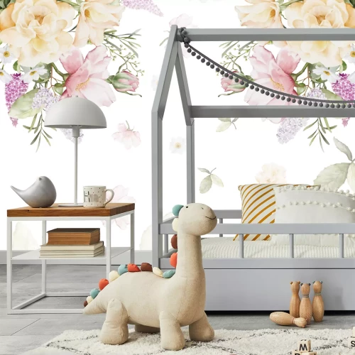 Fotobehang Aquarelbloemen en bladeren op een witte achtergrond