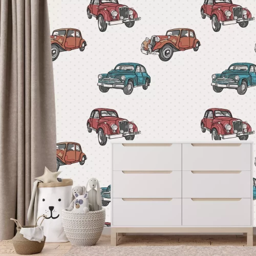 Fotobehang Retro auto&#39;s op een stippenachtergrond