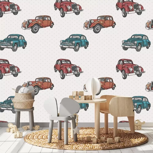 Fotobehang Retro auto's op een stippenachtergrond