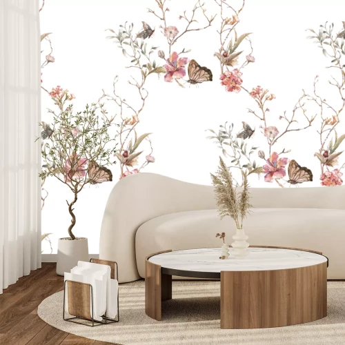 Fotobehang Vlinders en bloemen in aquarelstijl op een witte achtergrond