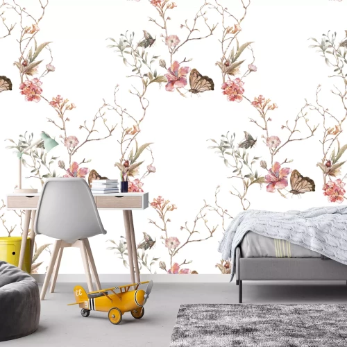 Fotobehang Vlinders en bloemen in aquarelstijl op een witte achtergrond