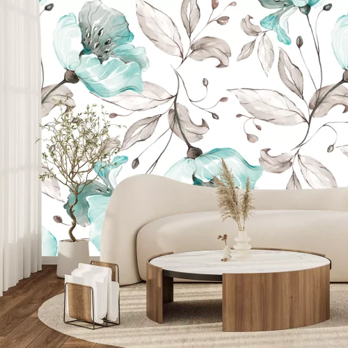 Fotobehang Bloemen en bladeren geschilderd in waterverf op een witte achtergrond