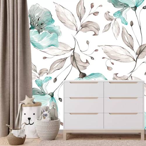 Fotobehang Bloemen en bladeren geschilderd in waterverf op een witte achtergrond