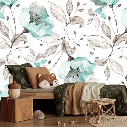 Fotobehang Bloemen en bladeren geschilderd in waterverf op een witte achtergrond