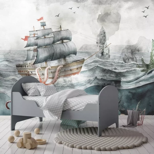Fotobehang Schip op zee en octopuspatroon voor kinderen
