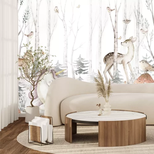 Fotobehang Een eenhoorn en dieren tussen de bomen in een sprookjesbos