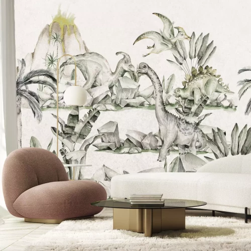 Fotobehang Dinosaurussen en tropische planten tegen de achtergrond van een vulkaan