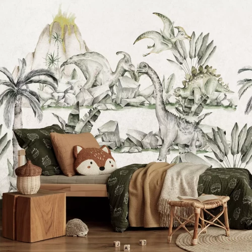 Fotobehang Dinosaurussen en tropische planten tegen de achtergrond van een vulkaan