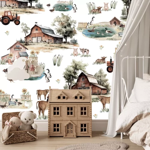 Fotobehang Aquarelboerderij met dieren, kinderpatroon