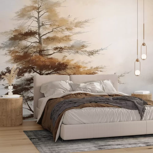 Fotobehang Herfstlandschapsboom in aquarelstijl