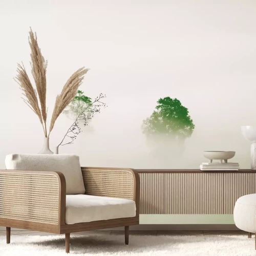 Fotobehang Silhouetten van bomen in dikke mist