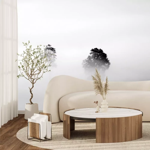 Fotobehang Monochroom landschap van bomen in de mist